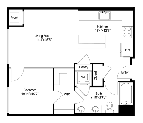 Floor plan for 1 bed, 1 bath, 725 sqft